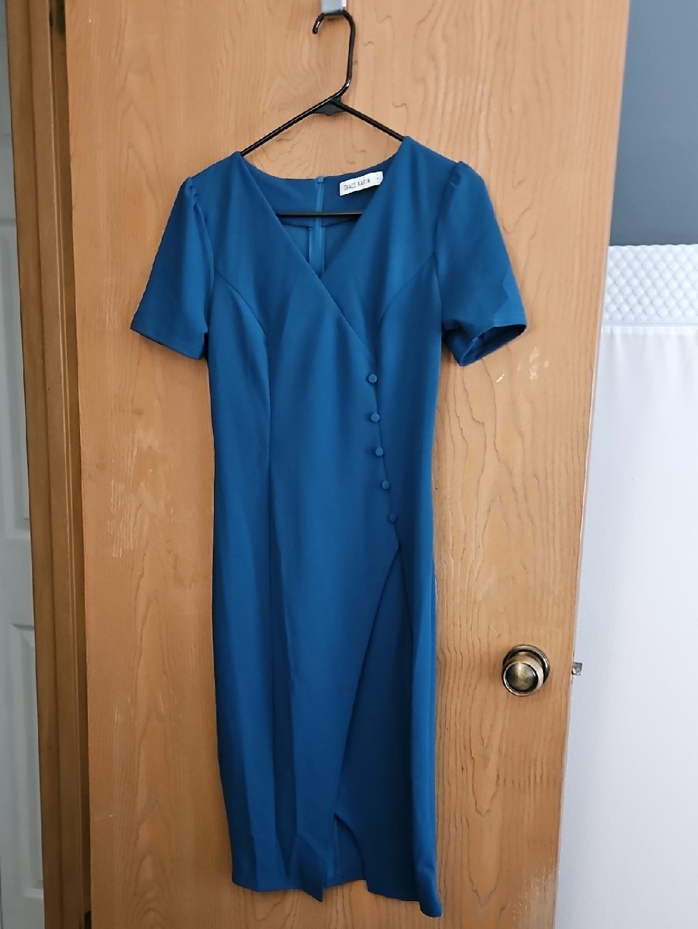 Grace Karin Teal-Blue Short Sleeve Midi Dress with Side Button Detail